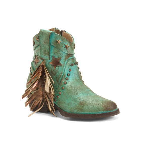 CIRCLE G Turquoise Leather Studded Round Toe Ankle Boots - Picture 1 of 2